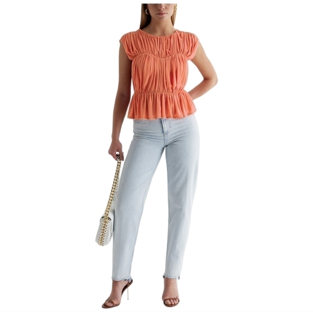 EXPRESS Womens Apricot Orange Crew Neck Ruched Peplum Top Sz L